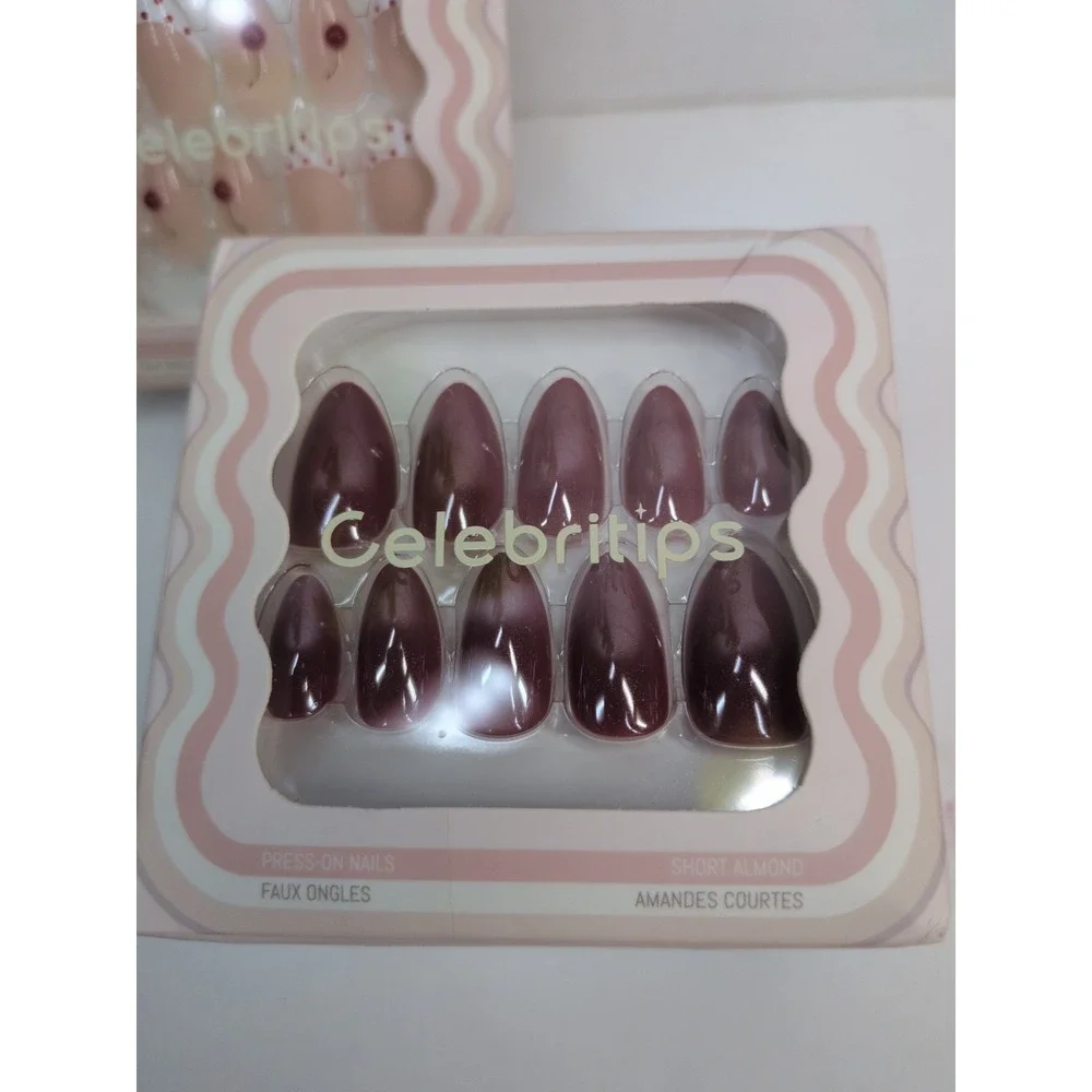NIB LOT 3 SHORT ALMOND🥰Celebritips Press On Nails Set Burgundy Raspberry Cherry